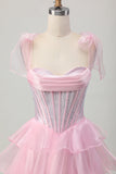 Sparkly Pink Tiered Ruffled Short Corset Cocktail Dress with Beading