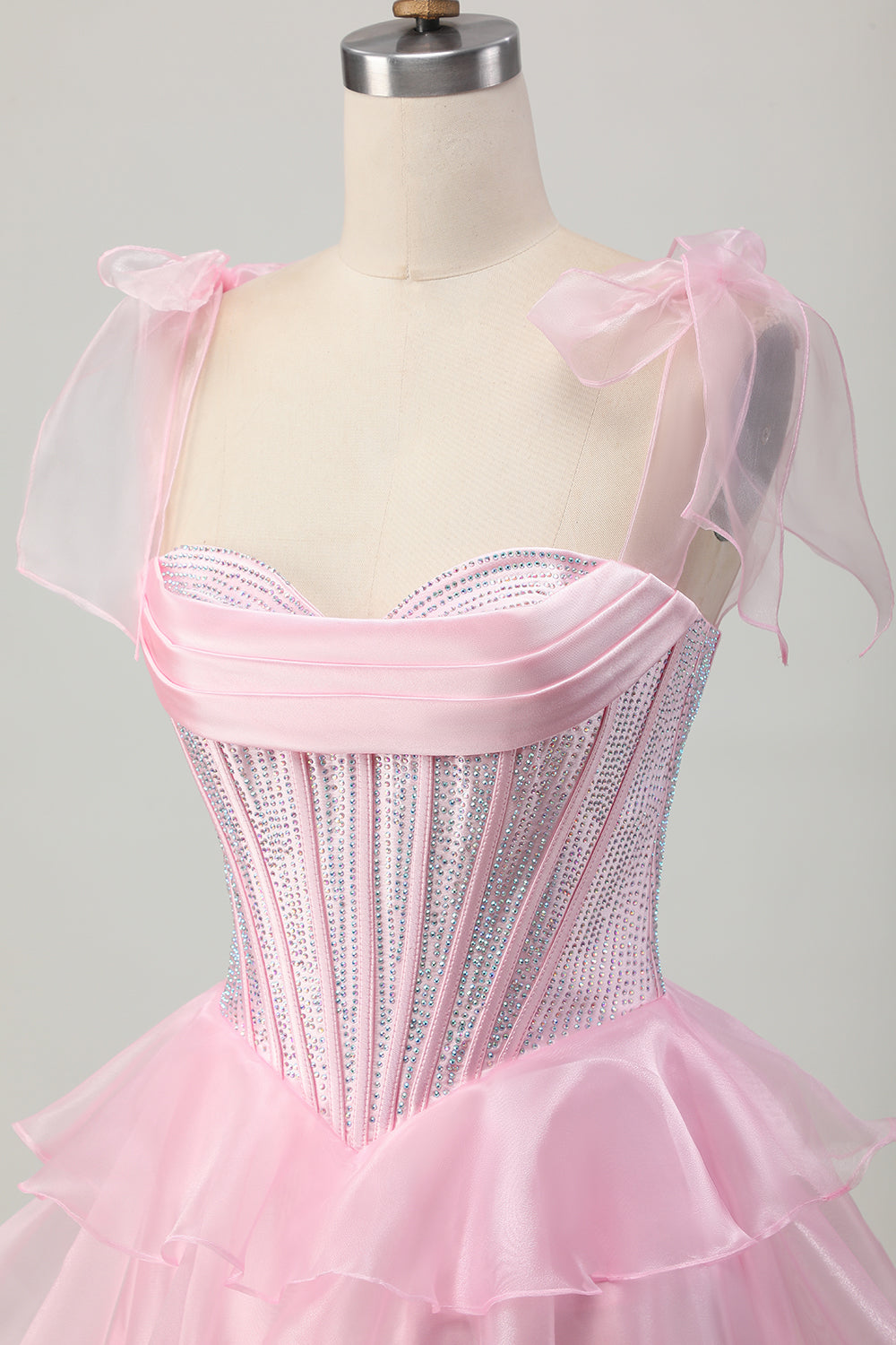 Sparkly Pink Tiered Ruffled Short Corset Cocktail Dress with Beading