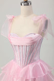 Sparkly Pink Tiered Ruffled Short Corset Cocktail Dress with Beading