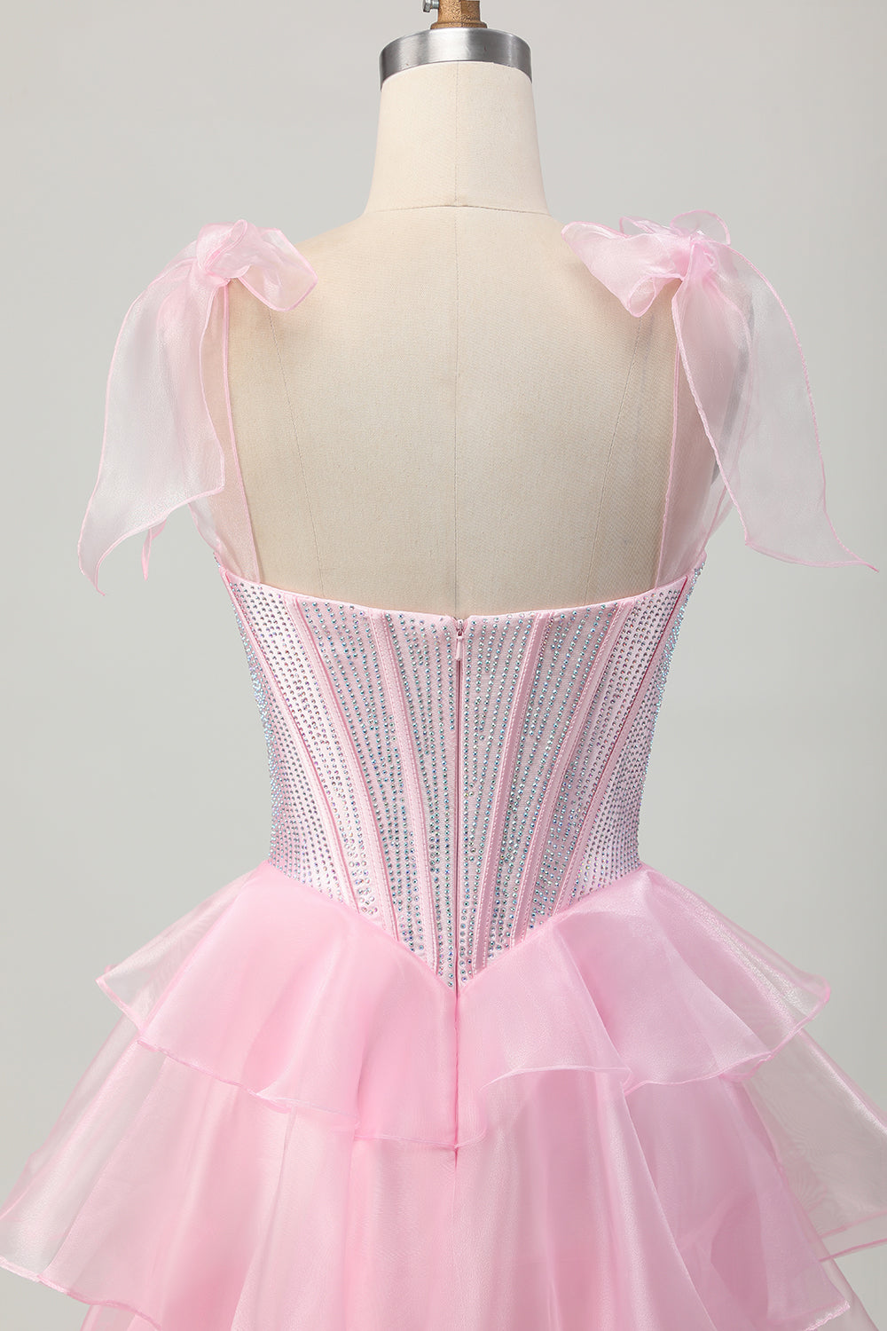 Sparkly Pink Tiered Ruffled Short Corset Cocktail Dress with Beading