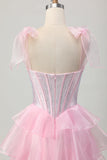 Sparkly Pink Tiered Ruffled Short Corset Cocktail Dress with Beading