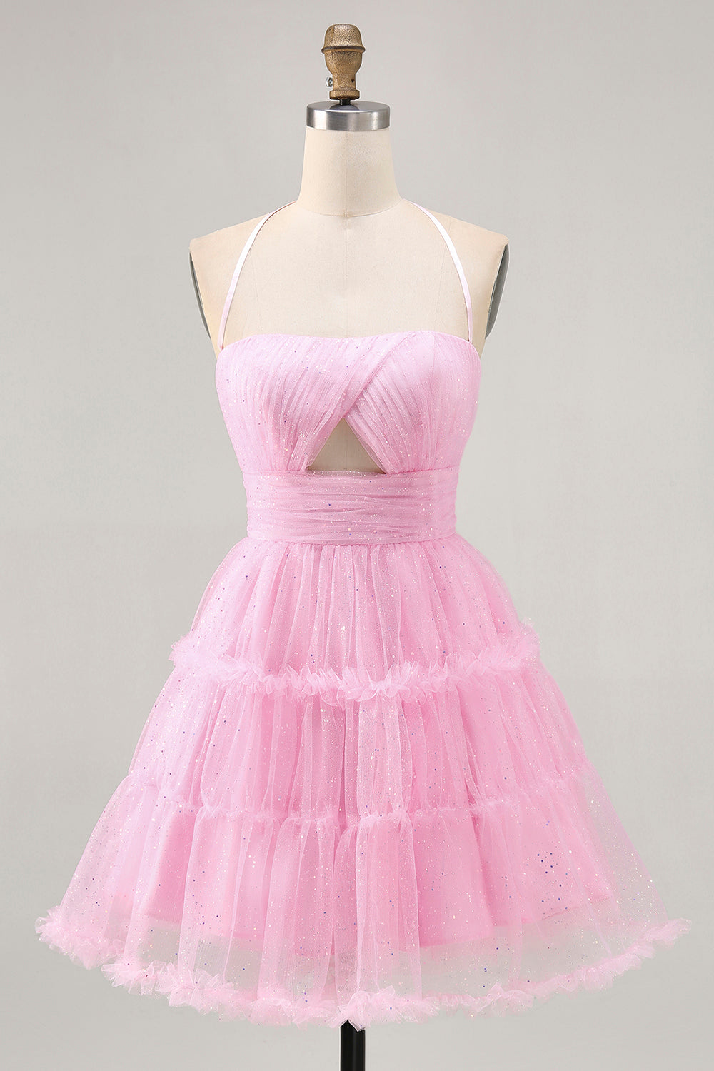 Glitter Halter Cut Out Pink Ruffled A-Line Homecoming Dress