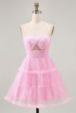 Glitter Halter Cut Out Pink Ruffled A-Line Homecoming Dress