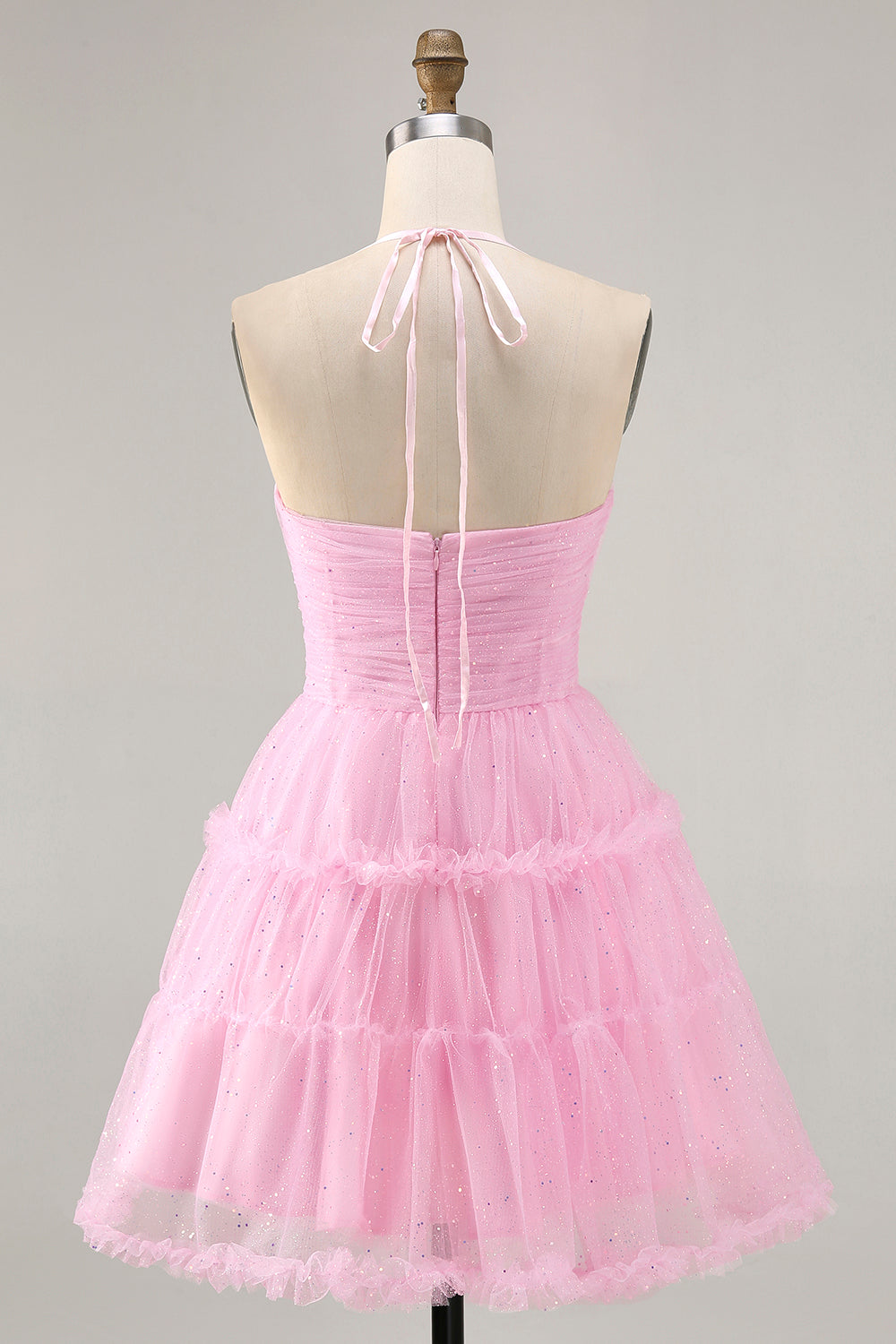 Glitter Halter Cut Out Pink Ruffled A-Line Homecoming Dress