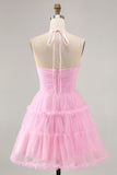 Glitter Halter Cut Out Pink Ruffled A-Line Homecoming Dress