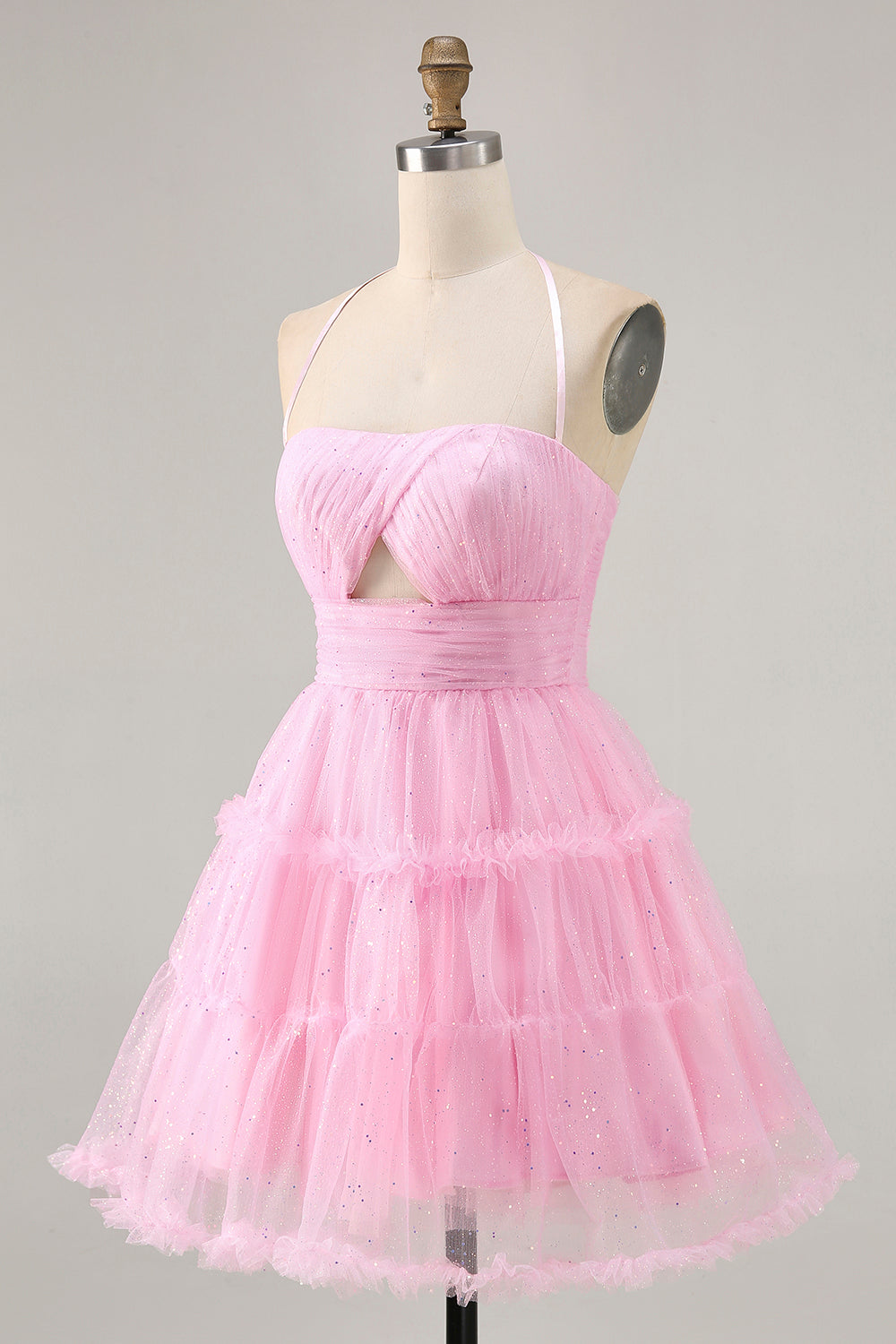 Glitter Halter Cut Out Pink Ruffled A-Line Homecoming Dress