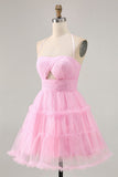 Glitter Halter Cut Out Pink Ruffled A-Line Homecoming Dress