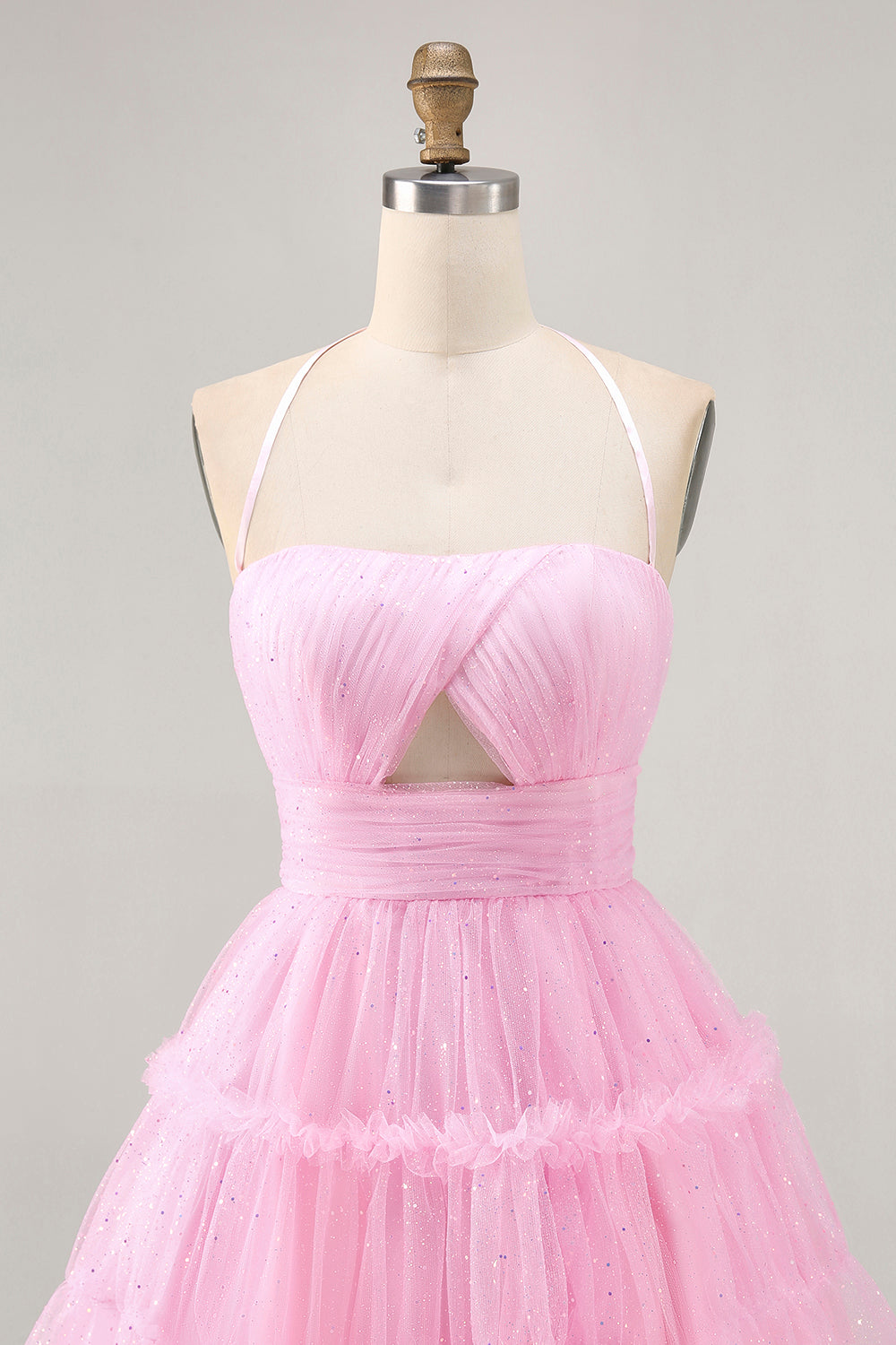 Glitter Halter Cut Out Pink Ruffled A-Line Homecoming Dress