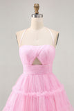 Glitter Halter Cut Out Pink Ruffled A-Line Homecoming Dress