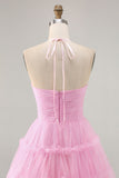 Glitter Halter Cut Out Pink Ruffled A-Line Homecoming Dress