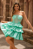 Green A Line Strapless Tiered Corset Beaded Homecoming Dress with Bow