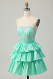 Sparkly Green Ruffled Tiered Corset Beaded Short Cocktail Dress with Bow