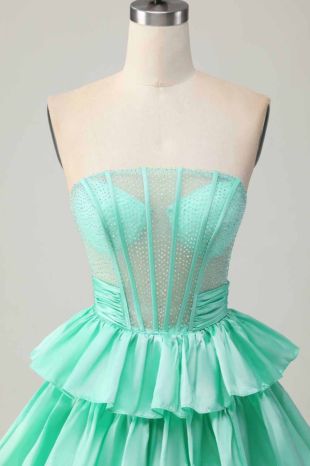 Sparkly Green Ruffled Tiered Corset Beaded Short Cocktail Dress with Bow