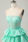 Sparkly Green Ruffled Tiered Corset Beaded Short Cocktail Dress with Bow