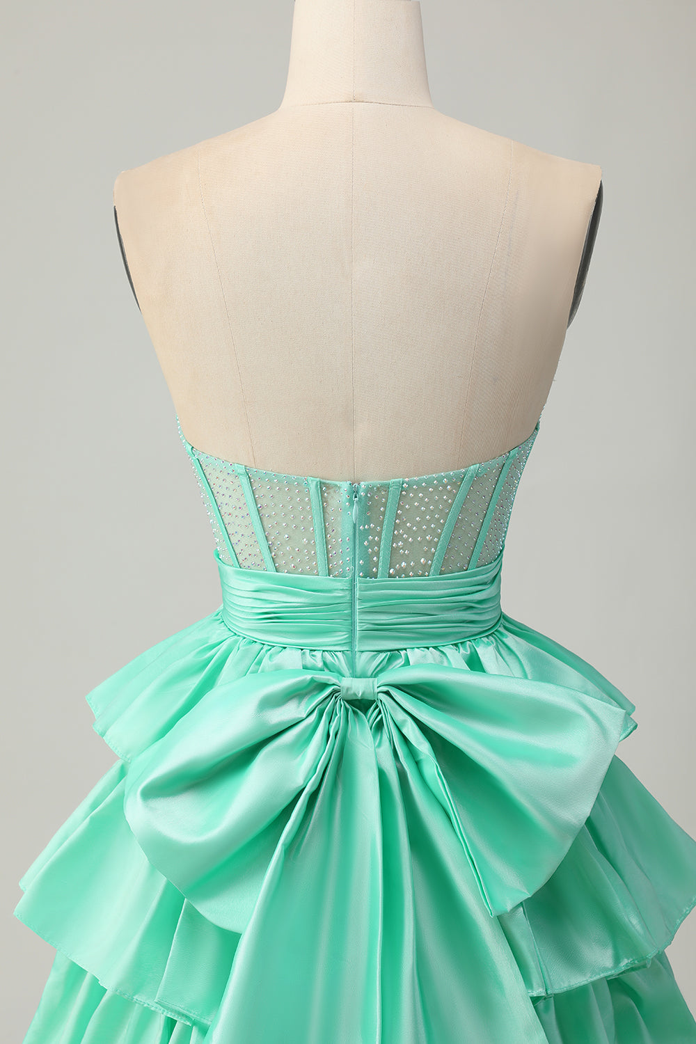Sparkly Green Ruffled Tiered Corset Beaded Short Cocktail Dress with Bow
