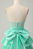 Sparkly Green Ruffled Tiered Corset Beaded Short Cocktail Dress with Bow