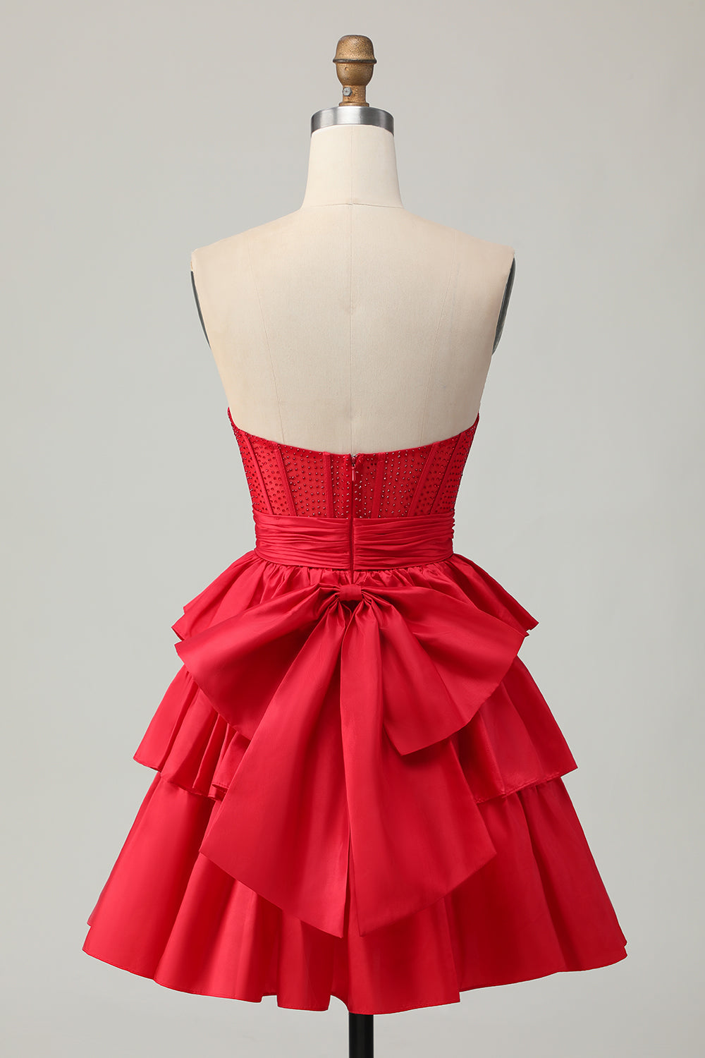 Sparkly Red Strapless Tiered Corset Beaded Short Cocktail Dress with Bow