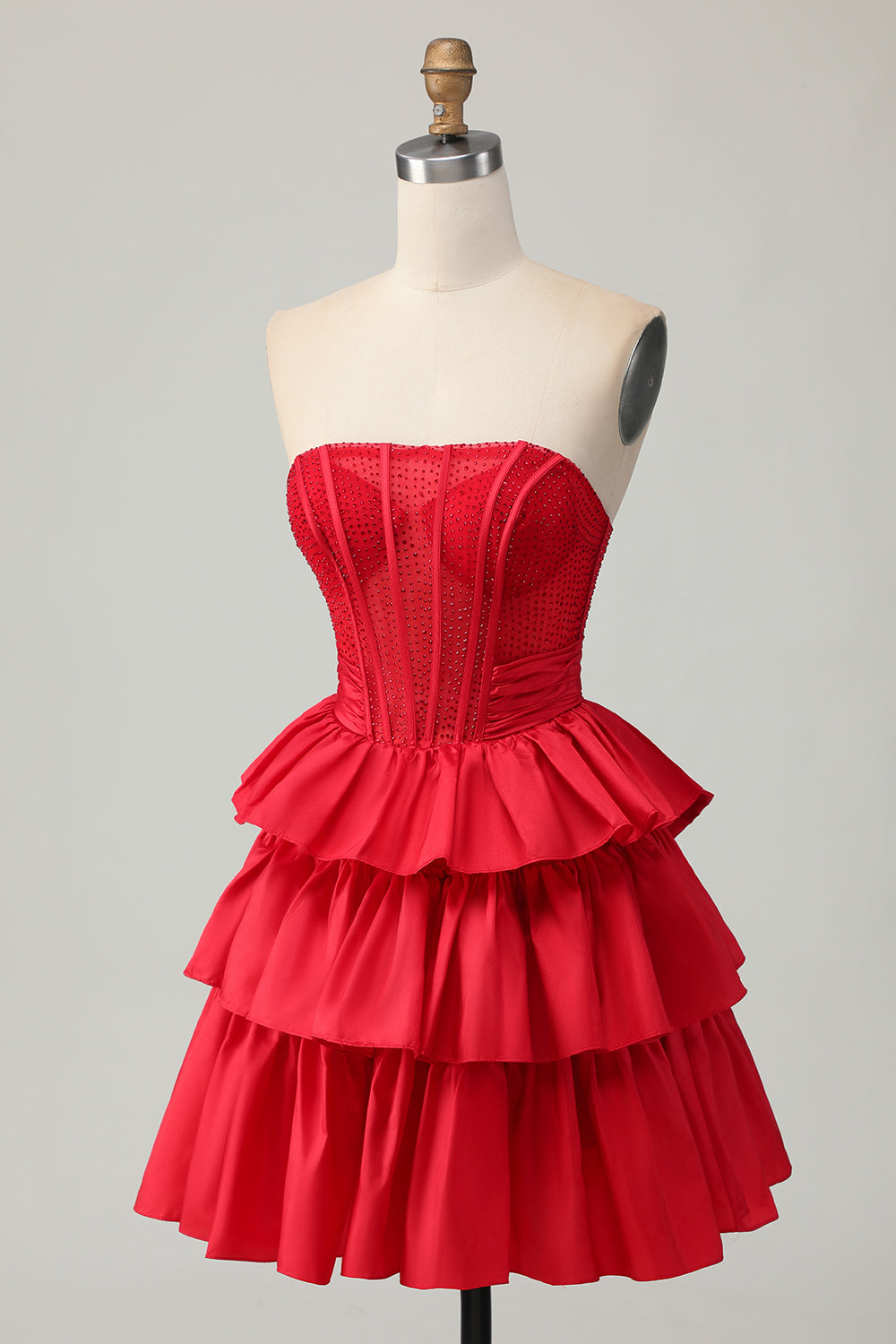 Sparkly Red Strapless Tiered Corset Beaded Short Cocktail Dress with Bow