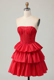 Sparkly Red Strapless Tiered Corset Beaded Short Cocktail Dress with Bow