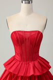Sparkly Red Strapless Tiered Corset Beaded Short Cocktail Dress with Bow