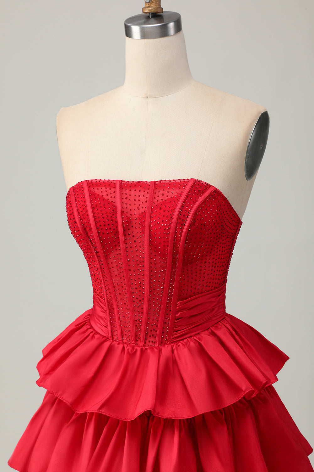Sparkly Red Strapless Tiered Corset Beaded Short Cocktail Dress with Bow