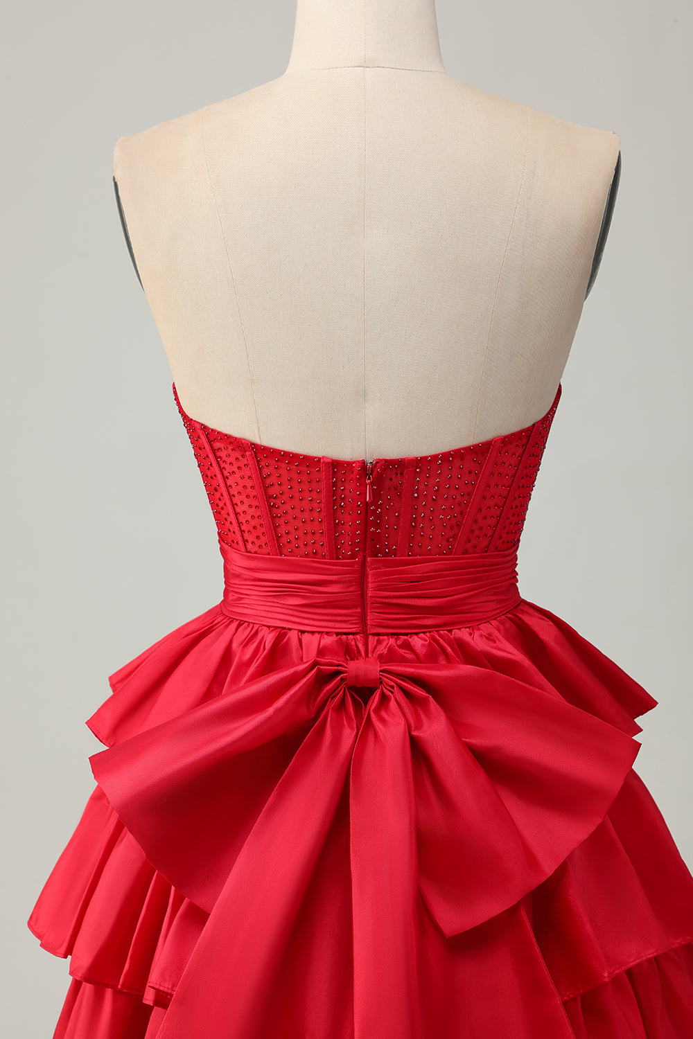 Sparkly Red Strapless Tiered Corset Beaded Short Cocktail Dress with Bow