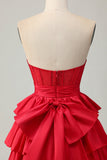 Sparkly Red Strapless Tiered Corset Beaded Short Cocktail Dress with Bow