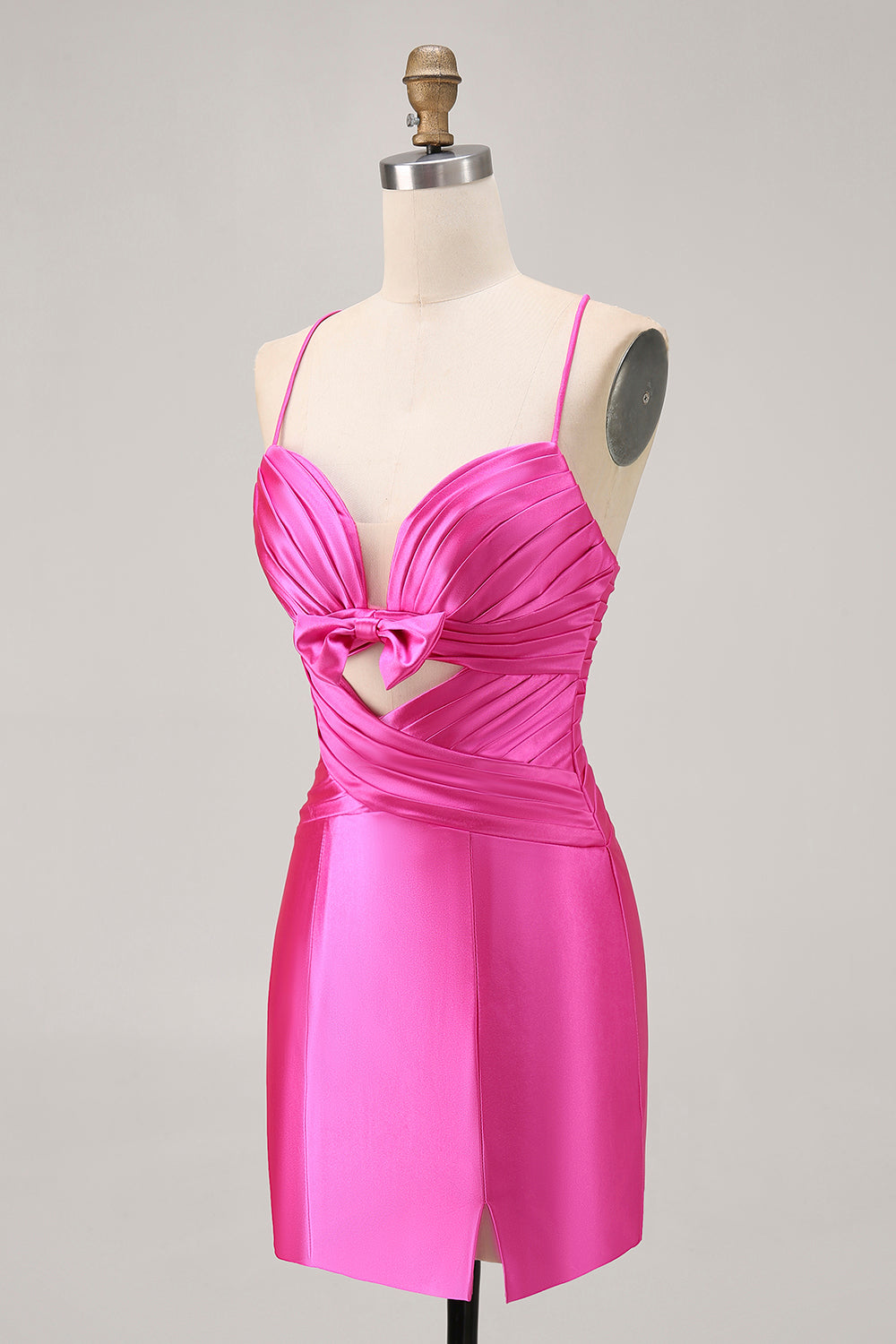 Fuchsia Cut Out Pleated Tight Homecoming Dress with Bow