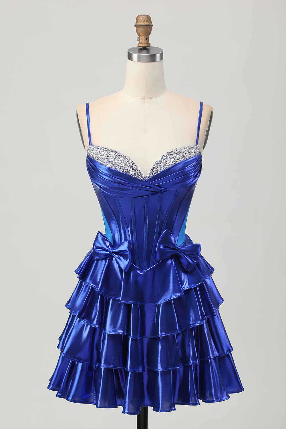 Metallic A Line Tiered Corset Short Homecoming Dress with Bows