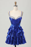Sparkly Royal Blue Metallic Ruffled Short Corset Cocktail Dress with Bows