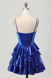 Sparkly Royal Blue Metallic Ruffled Short Corset Cocktail Dress with Bows