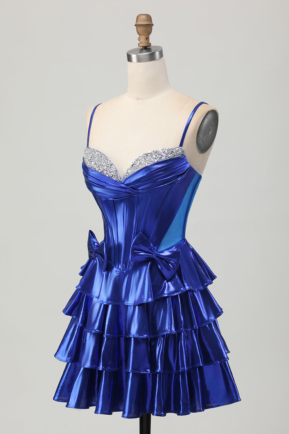 Sparkly Royal Blue Metallic Ruffled Short Corset Cocktail Dress with Bows