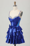Sparkly Royal Blue Metallic Ruffled Short Corset Cocktail Dress with Bows