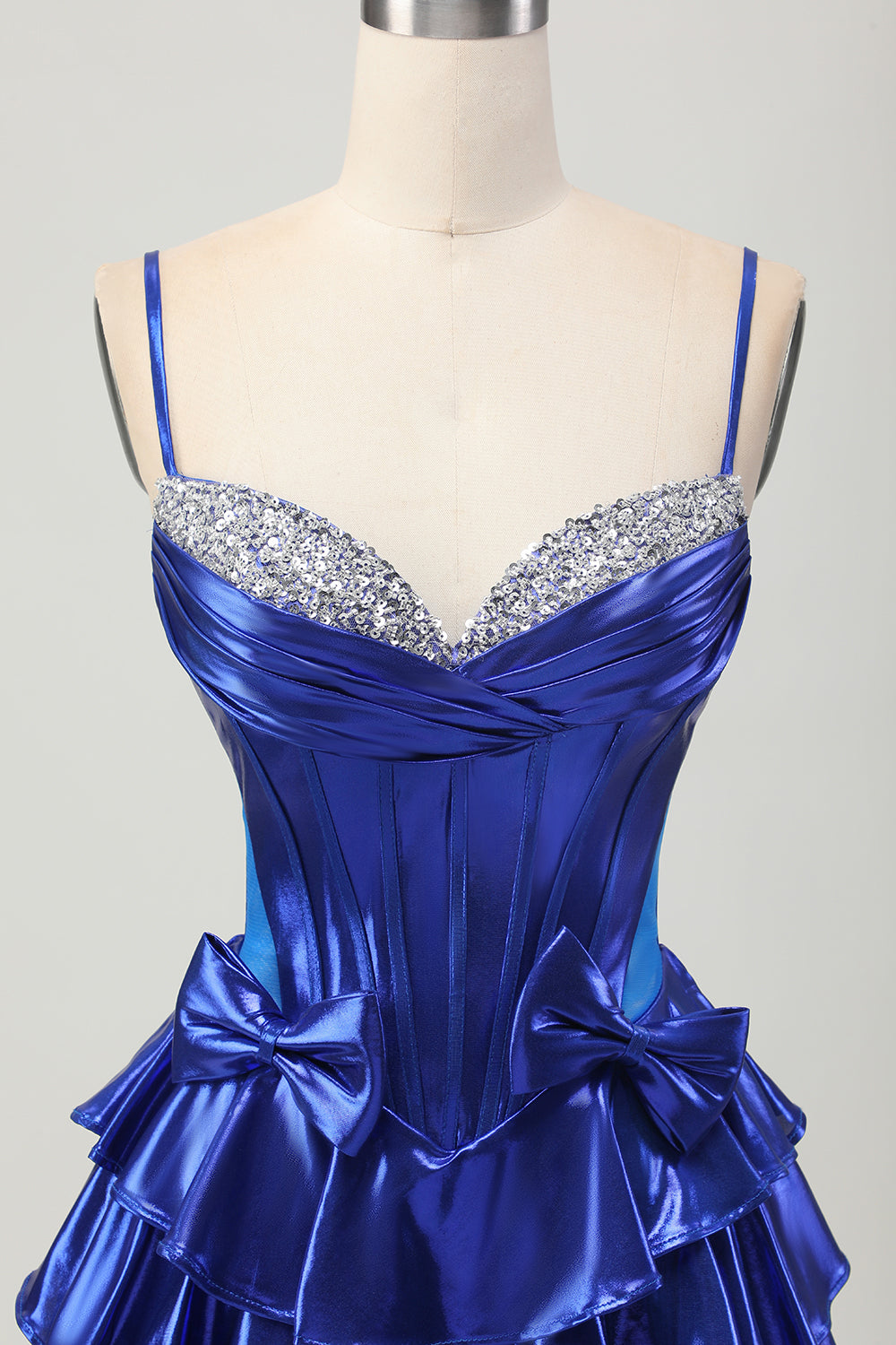 Sparkly Royal Blue Metallic Ruffled Short Corset Cocktail Dress with Bows