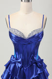 Sparkly Royal Blue Metallic Ruffled Short Corset Cocktail Dress with Bows