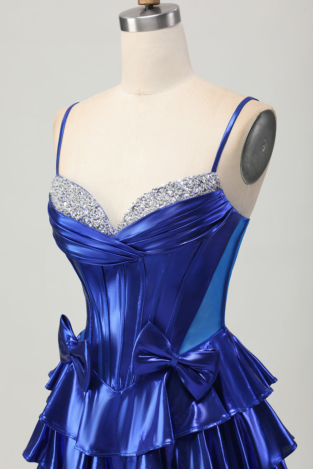 Sparkly Royal Blue Metallic Ruffled Short Corset Cocktail Dress with Bows