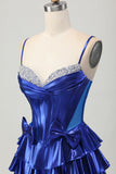 Sparkly Royal Blue Metallic Ruffled Short Corset Cocktail Dress with Bows