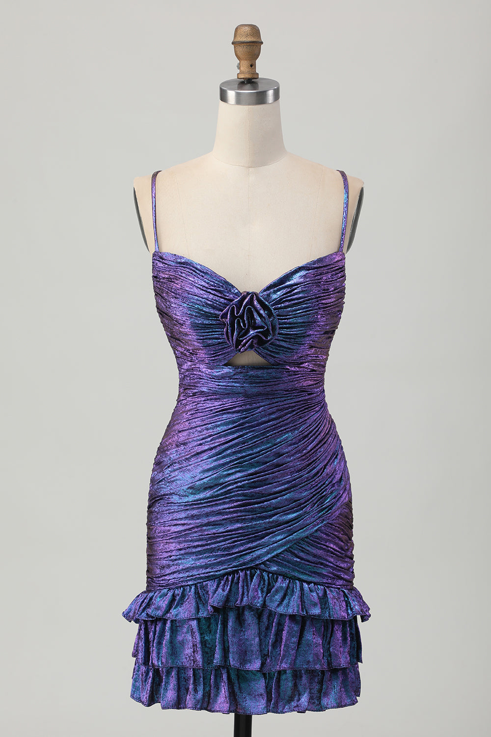 Metallic Blue and Purple Floral Short Cocktail Dress with Ruffles
