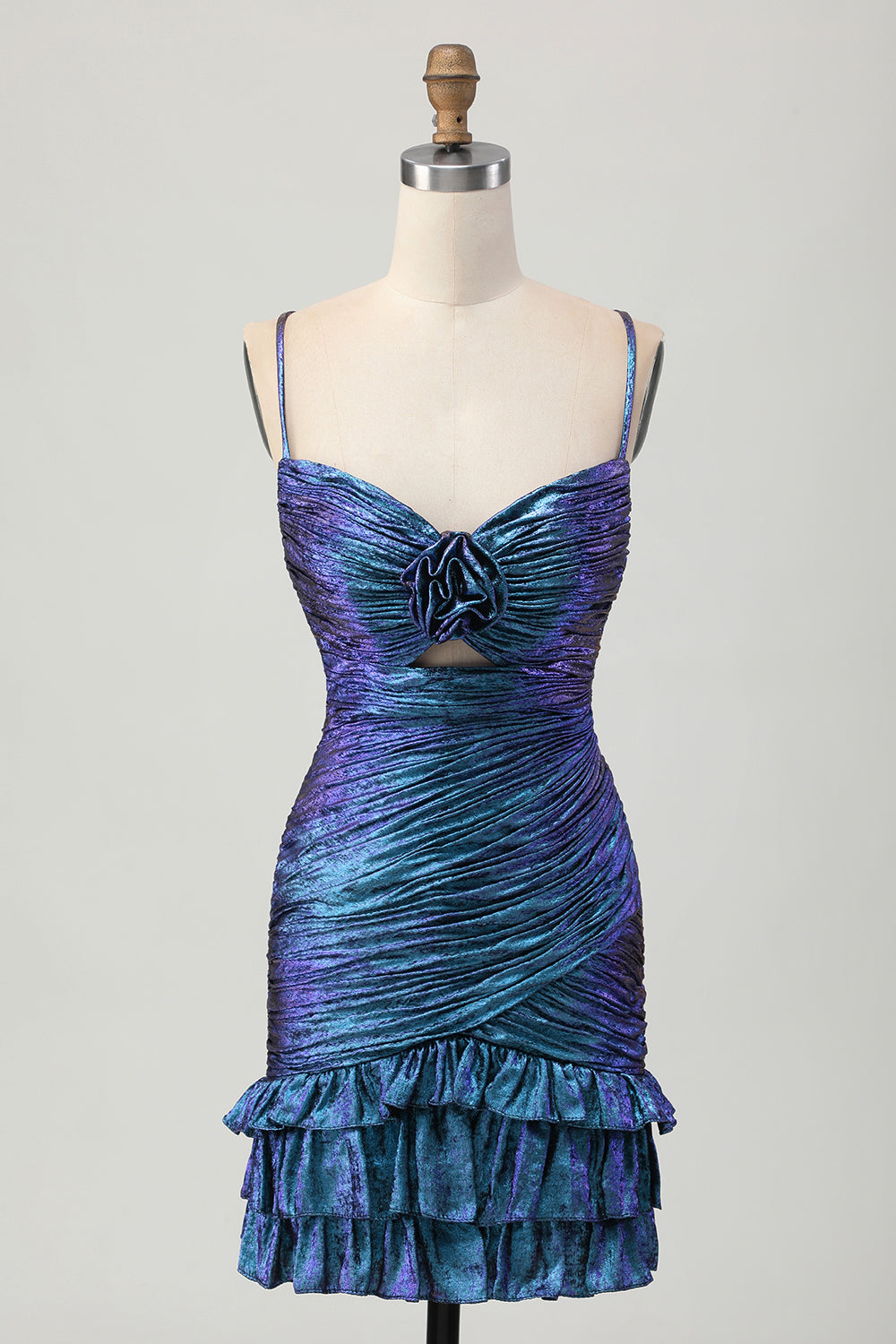 Blue Purple Ruched Cut Out Ruffled Metallic Homecoming Dress