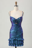 Blue Purple Ruched Cut Out Ruffled Metallic Homecoming Dress