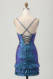 Blue Purple Ruched Cut Out Ruffled Metallic Homecoming Dress