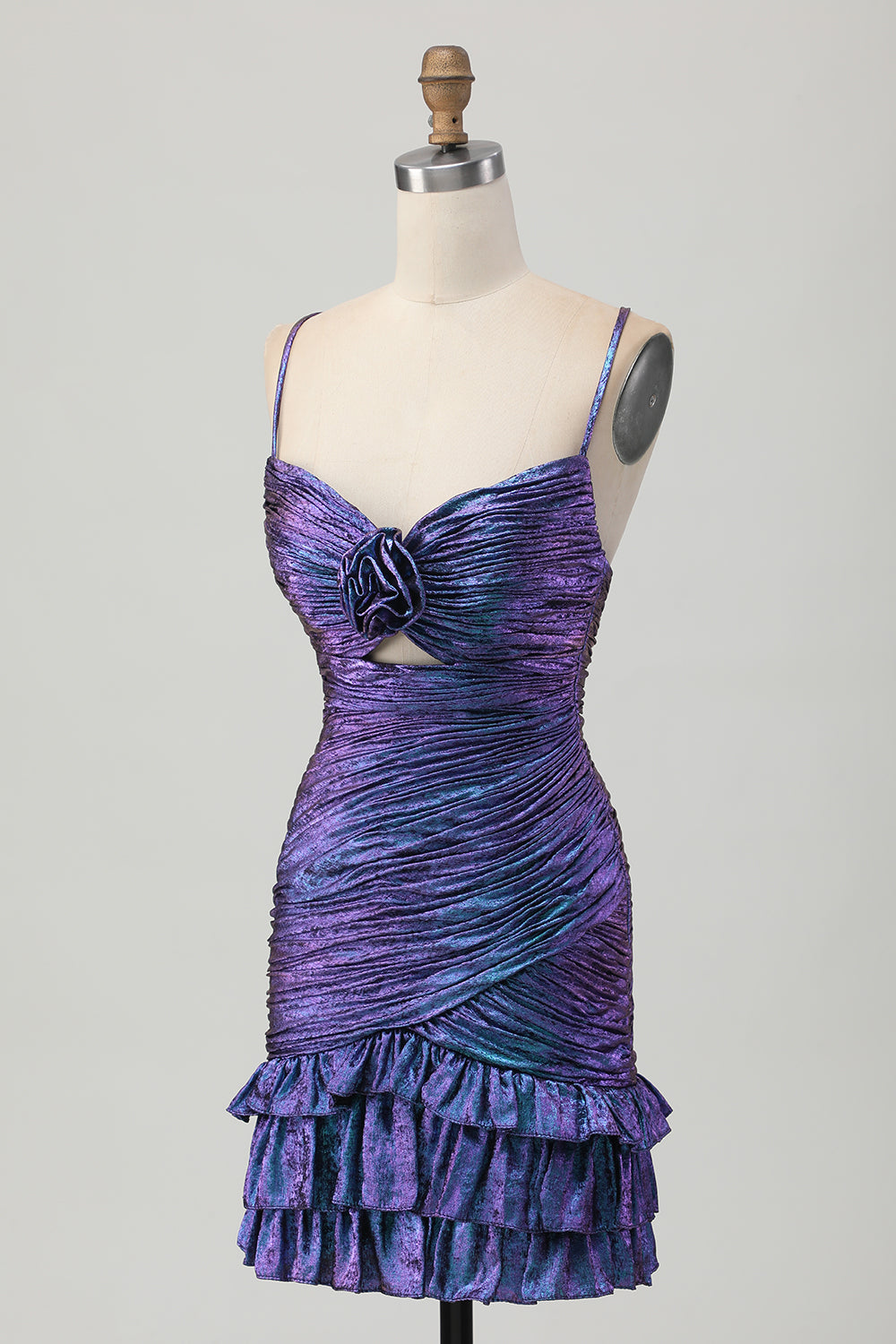 Metallic Blue and Purple Floral Short Cocktail Dress with Ruffles