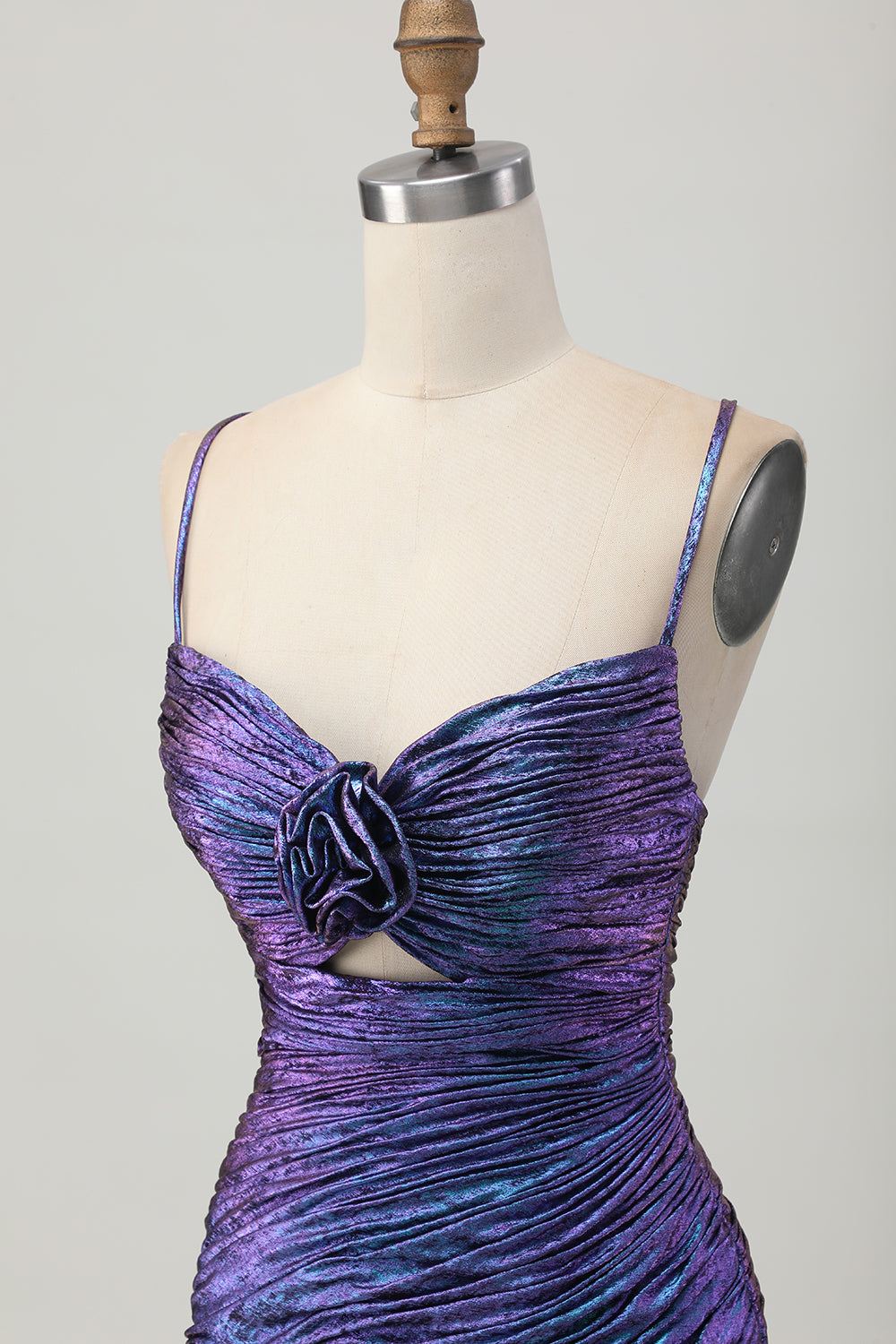 Metallic Blue and Purple Floral Short Cocktail Dress with Ruffles