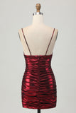 Metallic Burgundy Bodycon Pleated Short Cocktail Dress