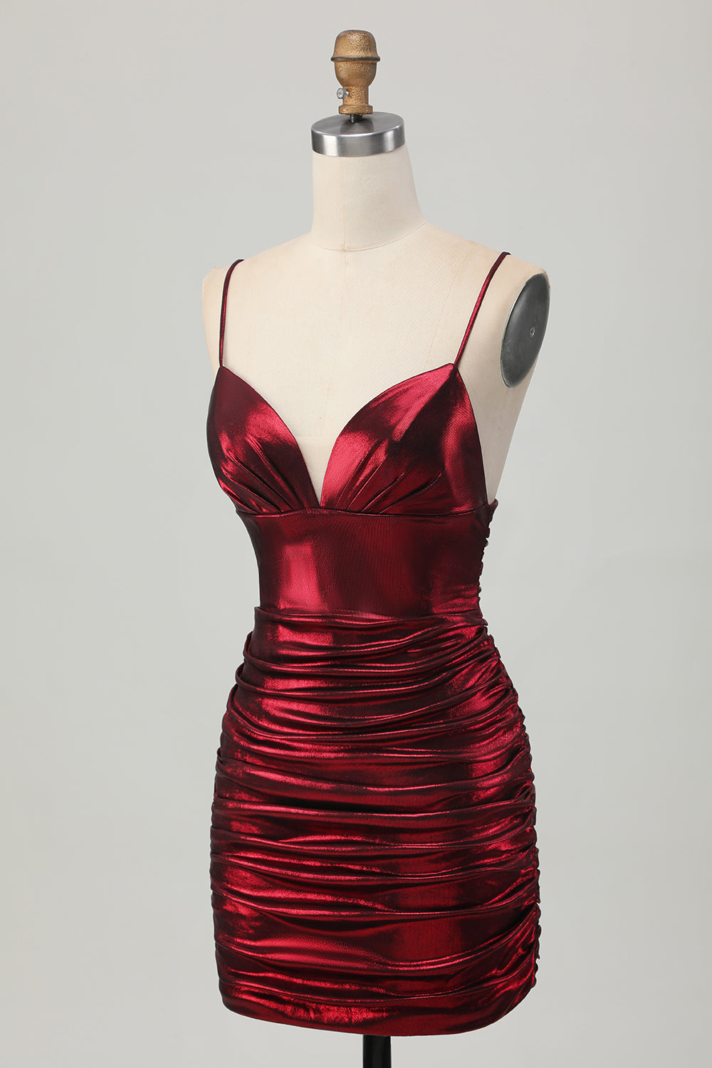 Metallic Burgundy Bodycon Pleated Short Cocktail Dress