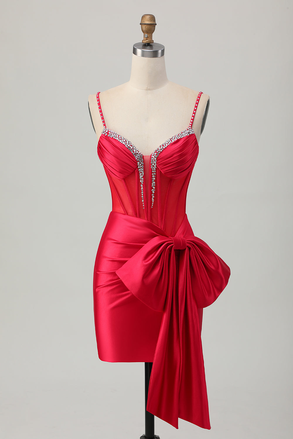 Sparkly Red Bodycon Corset Ruched Beaded Short Cocktail Dress with Bow