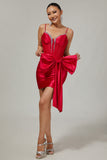 Sparkly Red Bodycon Corset Ruched Beaded Short Cocktail Dress with Bow