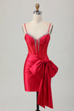 Sparkly Red Bodycon Corset Ruched Beaded Short Cocktail Dress with Bow