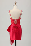 Sparkly Red Bodycon Corset Ruched Beaded Short Cocktail Dress with Bow