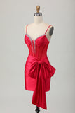 Sparkly Red Bodycon Corset Ruched Beaded Short Cocktail Dress with Bow